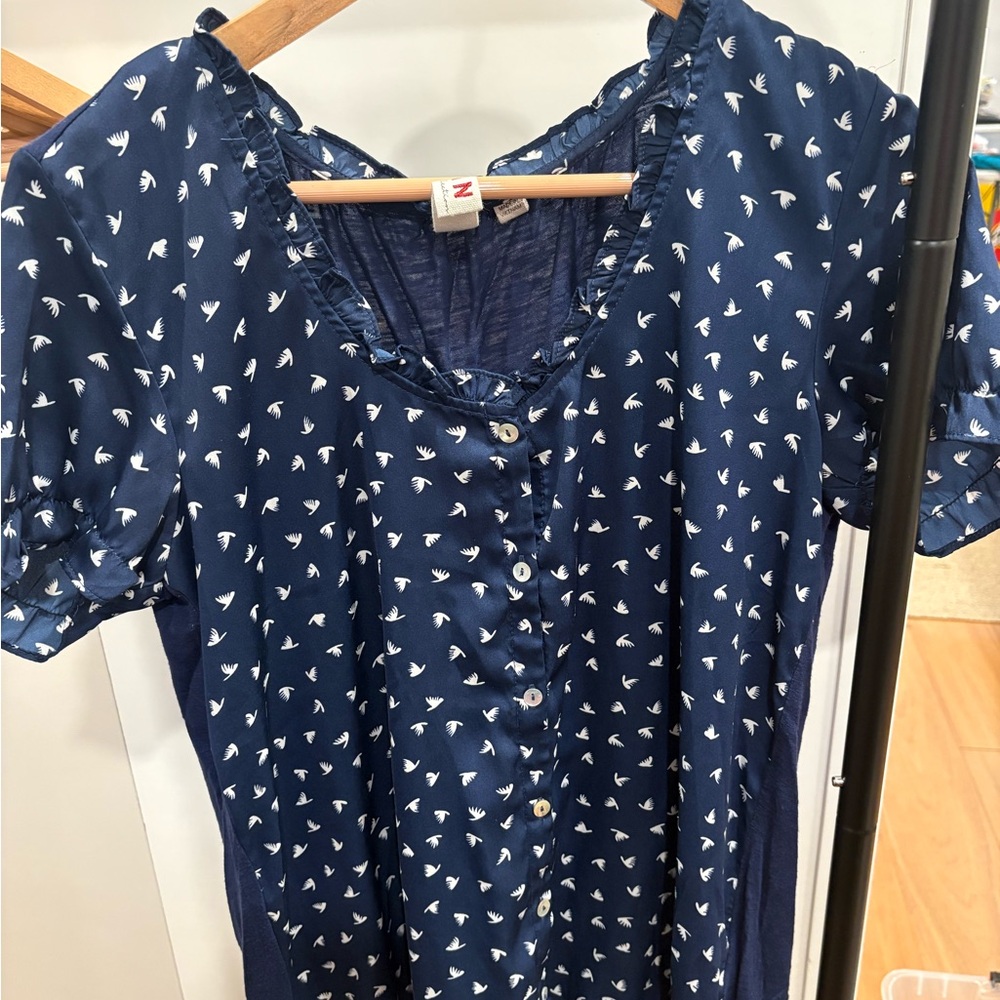 Anthropologie Navy Blue Button-Up Blouse with White Bird Print
